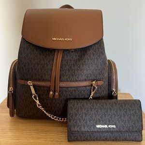 Michael Kors Jet Set Large Logo Backpack With MK Trifold Wallet